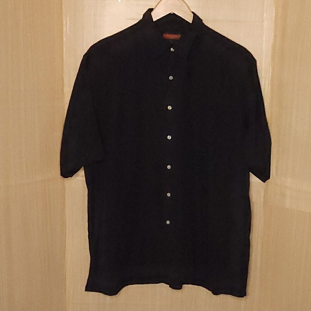 Austin Reed London Navy Blue Silk Blend Short Sleeve Button Down XL